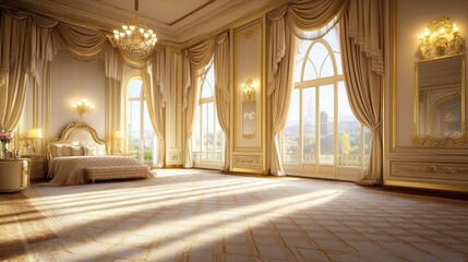 Obraz premium Elegant bedroom with soft morning light illuminating the delicate design elements and luxurious décor, featuring high ceilings and intricate details