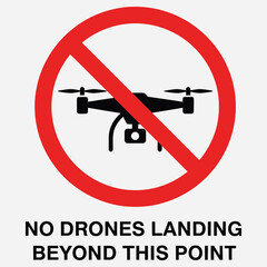 Vector illustration of a no drone zone warning sign, featuring a red prohibition symbol over a quadcopter icon with text