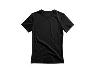A plain black crew neck t-shirt, wrinkled on a black backdrop, showcasing its form and subtle texture