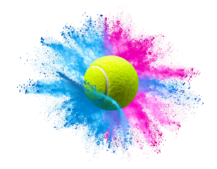 A tennis ball surrounded by an explosion of pink and blue powder on a black background