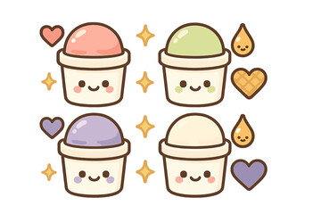 Set of four colorful kawaii ice cream cups with smiling faces and decorative elements