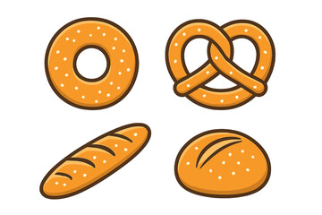 Collection of popular baked goods icons featuring bagel pretzel baguette and round bread loaf
