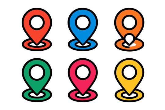 Six brightly colored map pointer icons showing different location markers for global positioning