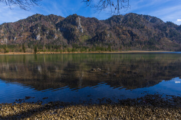 Lake landscape. Picturesque mountain lake Offensee located in the Salzkammergut region (Salt...