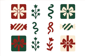 Stylized Christmas and New Year elements set featuring gifts, sweets, ribbons, and decorative bows