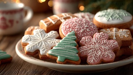 A plate of Christmas cookies with a tree and snowflake designs