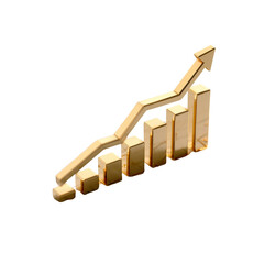 Golden 3D Bar Chart with Upward Arrow Isolated on Transparent Background