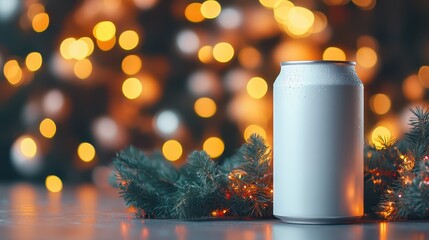 Cold aluminum beverage can near festive christmas branches with warm bokeh lights indoors