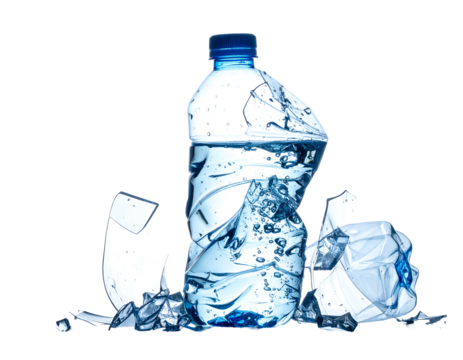 A plastic bottle filled with water appears shattered, with shards and splashes against a dark background