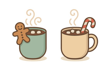 Cozy winter drinks featuring hot cocoa mugs topped with marshmallows, a gingerbread cookie, and a festive candy cane