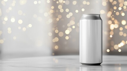 Sleek blank silver beverage can stands on a white marble counter with sparkling golden bokeh background