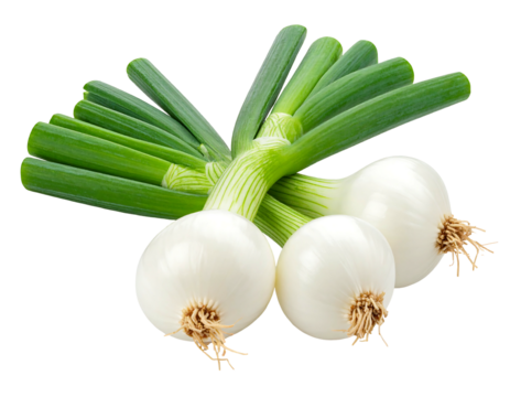 A group of three white onions with long, green stalks against a black background, top-down perspective