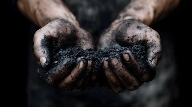 Close up of dirty hands holding a pile of dark gritty soil or coal dust