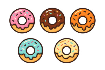 Five sweet ring donuts with colorful icing and sprinkles set against a clean white background