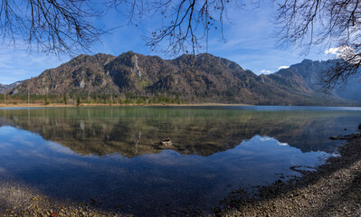 Lake landscape. Picturesque mountain lake Offensee located in the Salzkammergut region (Salt...