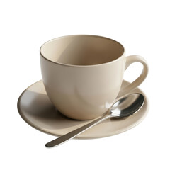 Elegant off white ceramic teacup with a matching saucer and spoon.
