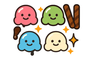 Colorful ice cream scoops with smiling faces and sweet dessert toppings