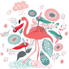 Pastel Flamingo with Tropical Leaves and Flowers Vector Illustration