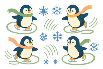 Naklejka premium Four happy penguins wearing colorful scarves ice skating on a winter rink