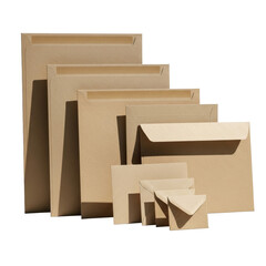 Assortment of brown kraft paper envelopes in various sizes isolated on white.