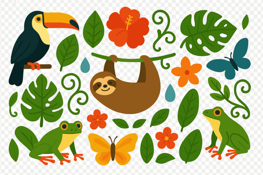 Cute rainforest animals collection with sloth, toucan, and frog among tropical foliage