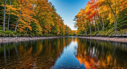 Obraz premium A tranquil river reflecting vibrant autumn foliage under a clear blue sky