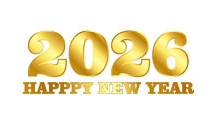 Golden 2026 happy new year text with metallic sheen isolated on transparent background