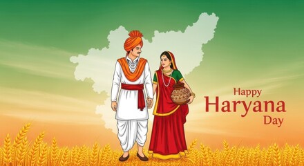 A couple in traditional haryana attire, a man in a turban and white kurta, and a woman in a red sari, stand in a wheat field celebrating happy haryana day