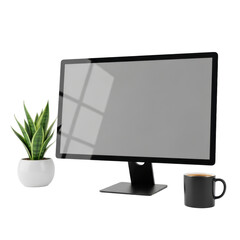 Modern desktop computer monitor with a blank screen plant and coffee mug.