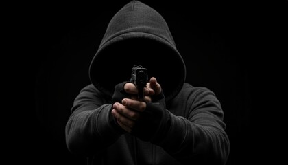 Naklejka premium Hooded person in dark clothing aiming a handgun directly at the viewer, symbolizing concepts of crime, danger, violence, and threat against a stark black background