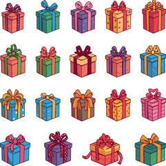 Isolated a kinds of deferent Gift boxes, wrapped presents, paper bag, festive decorations with bows, ribbons. Holiday celebration concept. Modern cartoon vector art with white background.