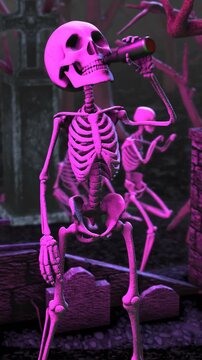 Seamless vertical video of a skeleton drinking beer in a disco at the cemetery at night. Funny halloween background for events and parties.