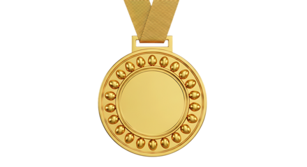 A gleaming oval shaped golden medal with a decorative embossed border and a yellow ribbon attached isolated on transparent background