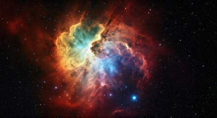 Fototapeta premium A vibrant nebula swirls with stellar nurseries, displaying red, orange, yellow, green, and blue hues