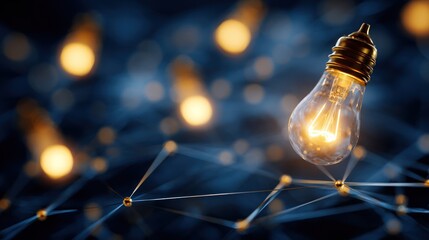 Illuminated Light Bulb Hanging Over Abstract Network of Connected Nodes in Dark Blue Background