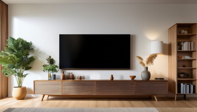 living room tv screen mockup a modern living room featuring a large blank tv screen mockup mounted on a wall below the tv a stylish wooden cabinet holds decorative items