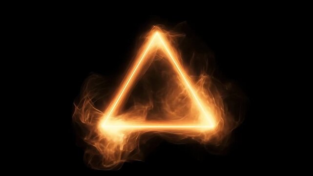 Glowing Fiery Triangle On Black Background. Abstract Energy Symbol. Dynamic Burning Animation. Warning Concept