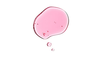 A single drop of light pink liquid with small air bubbles falling from a larger blob isolated on transparent background