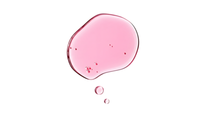 A single drop of light pink liquid with small air bubbles falling from a larger blob isolated on transparent background