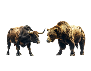 A powerful brown bear and muscular bull face off on a stark black background, symbolic of market conflict