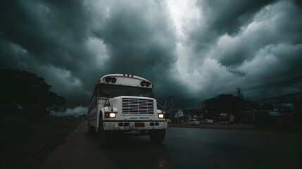An old white bus drives down a wet road beneath dark ominous storm clouds