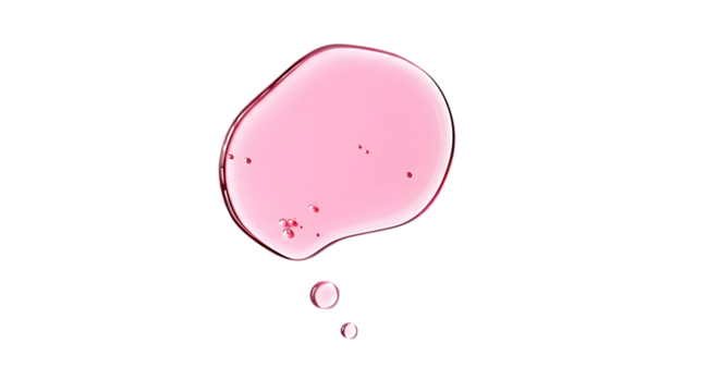 A single drop of light pink liquid with small air bubbles falling from a larger blob isolated on transparent background