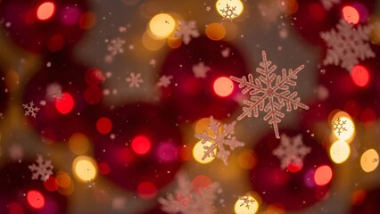 Festive Christmas Background with Sparkling Snowflakes and Warm Red Gold Bokeh Lights