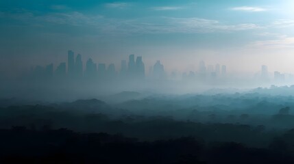 Fototapeta premium A hazy urban skyline of skyscrapers emerges through dense morning mist with layered dark hills in the foreground