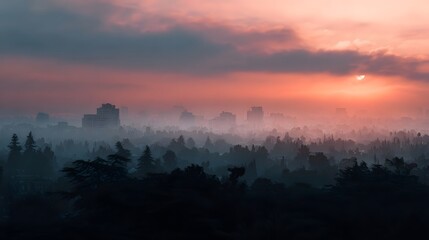 Naklejka premium Urban skyline obscured by dense haze and smog at sunrise silhouetted trees in the foreground against a pink and orange sky