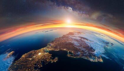 behold the stunning and breathtaking view of our beautiful earth from space during sunrise