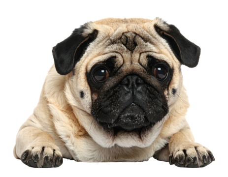 A pug with a wrinkly face, lying down on a transparent background, staring into the camera