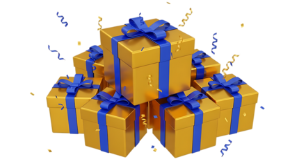 A pyramid stack of golden gift boxes tied with blue ribbons and bows with confetti falling isolated on transparent background