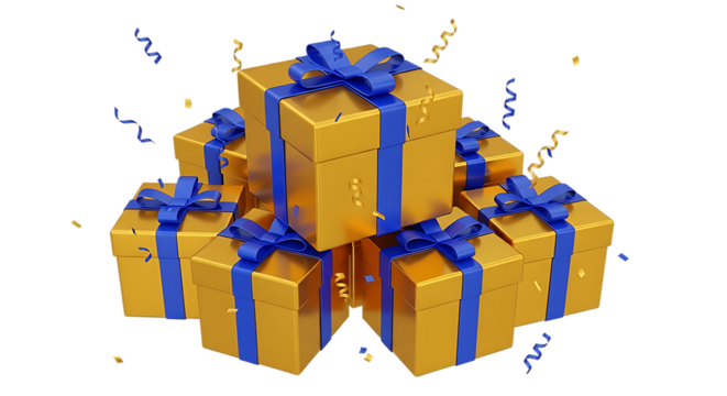 A pyramid stack of golden gift boxes tied with blue ribbons and bows with confetti falling isolated on transparent background - Powered by Adobe