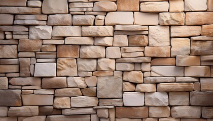 Fototapeta premium textured coursed stone cladding wall made of various sizes of light colored stones featuring shades of beige and brown